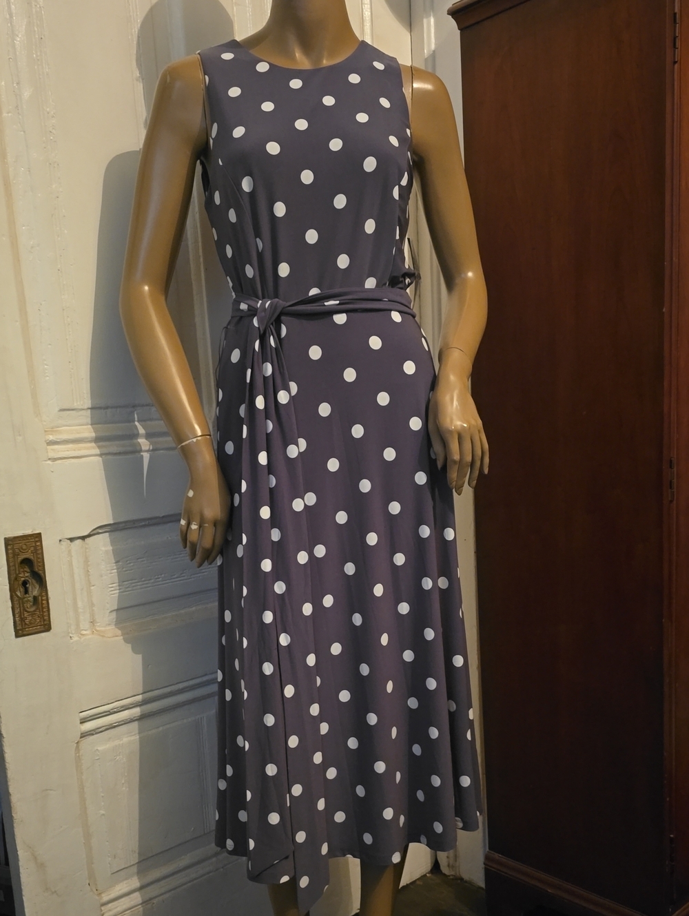 Ralph Lauren SLATE Polka Dot Sleeveless Midi Dress